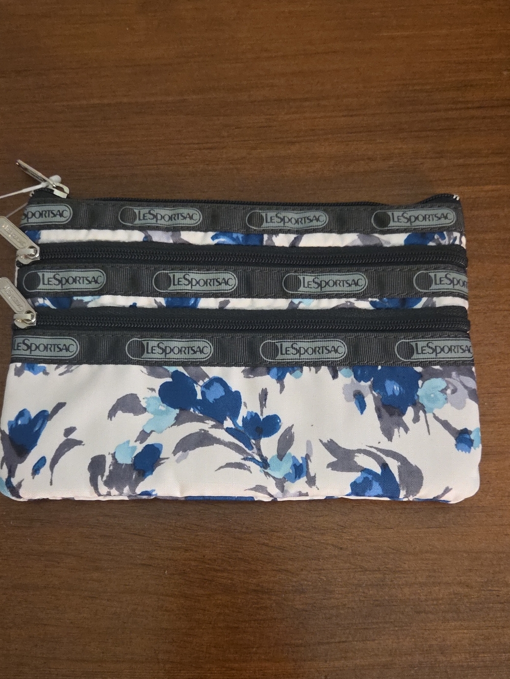 LeSportsac Blue & White Floral Triple Zip Pouch